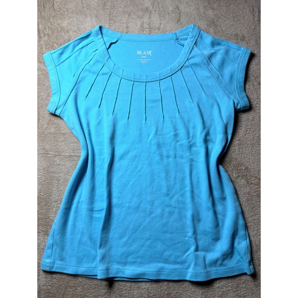 Blair Womens Turquoise Blue Pintuck Pleat Scoop Neck Short Sleeve Knit Top SML